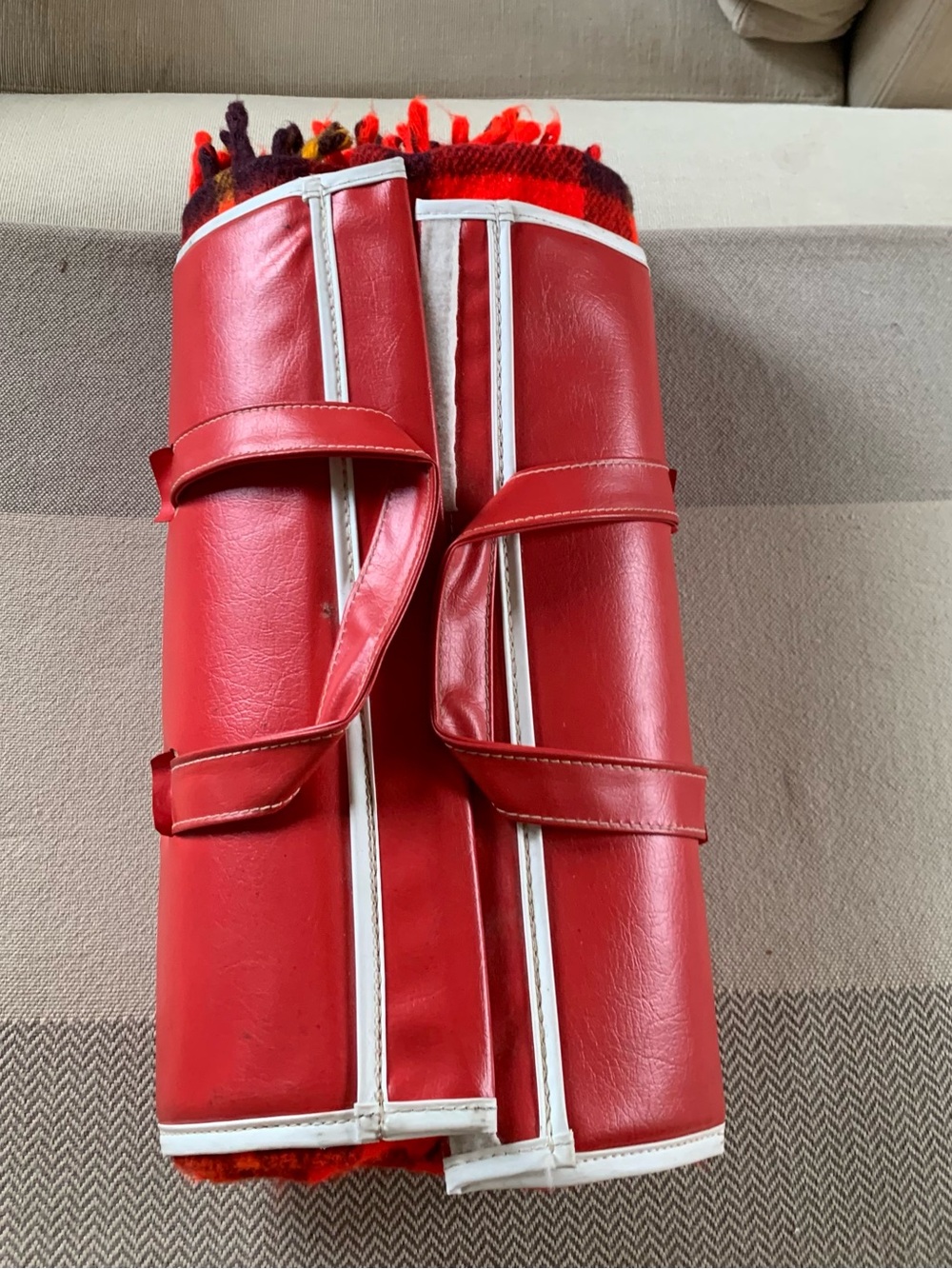 Vintage Faribo Plaid Red Stadium Blanket  and Vinyl Storage Carrier 56” x53”